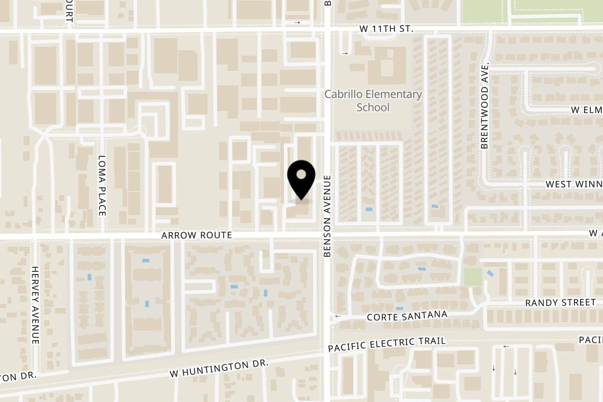 Map showing the location of Pueblita Mexican Restaurant on 555 N Benson Ave in Upland
